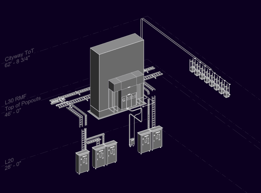 Technical diagram of an electrical system with labeled components, including a large central unit, wires, and smaller connected boxes.